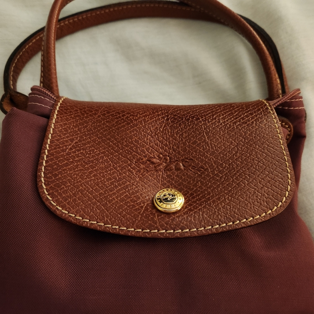 Longchamp Mauve and Brown Le Pliage Small Top-Handle Tote
